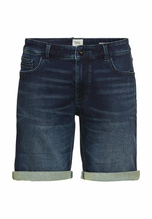 Dark blue denim shorts with a mid-rise waist, rolled cuffs, and five-pocket design. Smooth texture with slight fading. Black button closure.