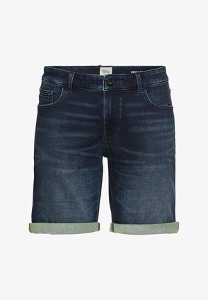 Donkerblauwe denim shorts met een normale taille, opgerolde mouwen en een vijf-pocket ontwerp. Gladde textuur met een lichte vervaging. Zwarte knoopsluiting.