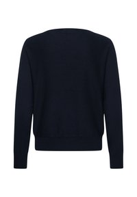 Pull uni bleu marine foncé à manches longues, vu de dos, avec un col rond et des poignets et un ourlet côtelés.