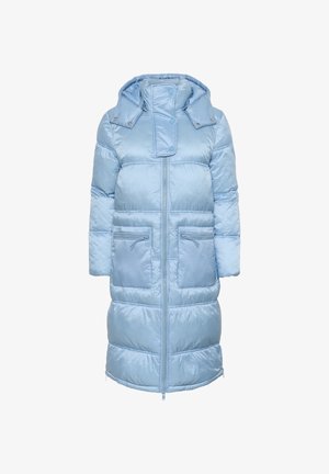 Svetlo modra dolga podložena jakna s kapuco, sprednjim zippom, poklopcem na gumb in dvema sprednjima žepoma z zippom.