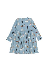 Langärmliges Kleid aus hellblauem Stoff mit einem gerafften Rock, der ein Muster verschiedener Hunderassen und Knochen in einem verspielten Design aufweist.