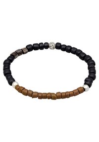 Le bracelet en perles noires et brunes présente des perles rondes et cylindriques, alternant finitions mates et brillantes, avec des perles argentées en accents.