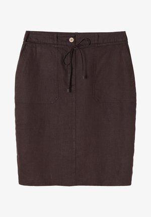 Brauer Leinenrock mit elastischem Bund, Knopfverschluss und zwei Fronttaschen. Glatte Textur und schlichte Schnittform.