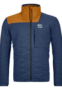 Navy blue quilted jacket with an orange panel at the collar; features a full front zip and chest pocket; made from lightweight fabric.