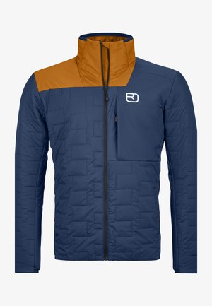 Navy blue quilted jacket with an orange panel at the collar; features a full front zip and chest pocket; made from lightweight fabric.