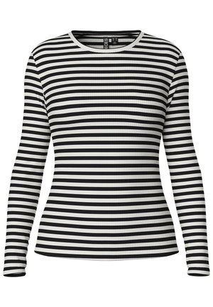 Long-sleeve top featuring a black and white striped pattern, ribbed texture, and a round neckline. Simple design with fitted shape.