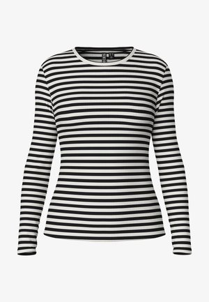 Langärmliges Oberteil mit einem schwarz-weißen gestreiften Muster, geripptem Stoff und rundem Ausschnitt. Schlichtes Design mit taillierter Form.