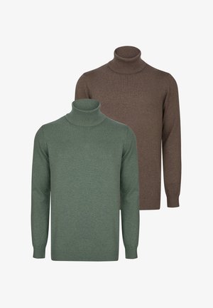 Two turtleneck sweaters: one in forest green with ribbed collar and cuffs, and one in brown, both featuring a smooth knit texture.