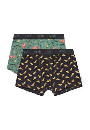 Set de boxers de algodón en verde con un patrón de langostas y texto; negro con rodajas de pizza. Cintura elástica con la marca "yeah".
