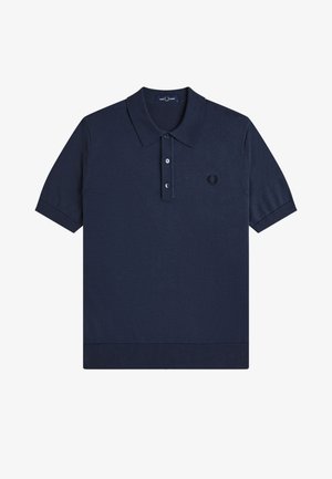 Navy blue short-sleeve polo shirt with three-button placket, ribbed hem, and small embroidered logo on the left chest.