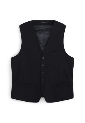 Schwarze Weste mit glatter Stofftextur, V-Ausschnitt, sechs Knöpfen, zwei Fronttaschen und ohne Ärmel.