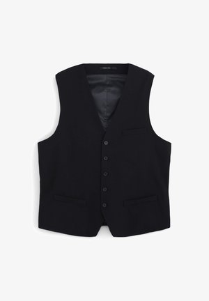 Schwarze Weste mit glatter Stofftextur, V-Ausschnitt, sechs Knöpfen, zwei Fronttaschen und ohne Ärmel.