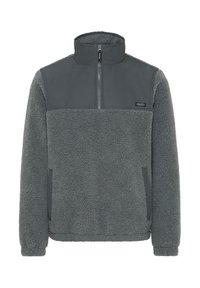 Polarowy sweter w ciemnoszarym kolorze, z gładką górną częścią, wysokim kołnierzem, zapięciem na zamek oraz bocznymi kieszeniami dla dodatkowej wygody.