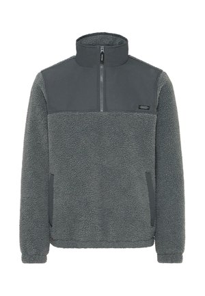Fleece pullover in dark gray, featuring smooth upper panel, high collar, zip closure, and side pockets for added convenience.