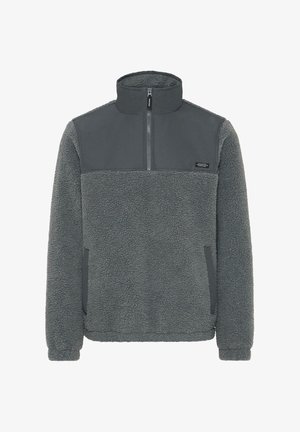 Fleece-Pullover in Dunkelgrau, mit glattem oberen Abschnitt, hohem Kragen, Reißverschluss und seitlichen Taschen für zusätzlichen Komfort.