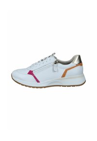 Weiße Sneaker mit glattem Lederfinish, rosa und orangefarbene Akzente, silbernes Fersenstück und einem funktionalen Reißverschluss für einfaches Anziehen.