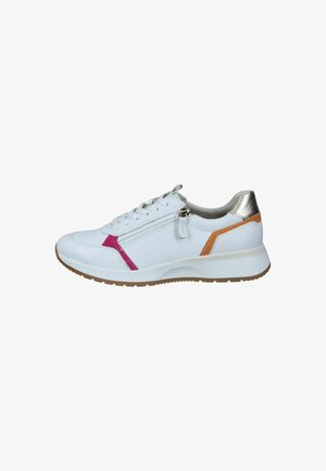 White sneakers with a smooth leather finish, pink and orange accents, silver heel tab, and a functional zipper for easy wear.