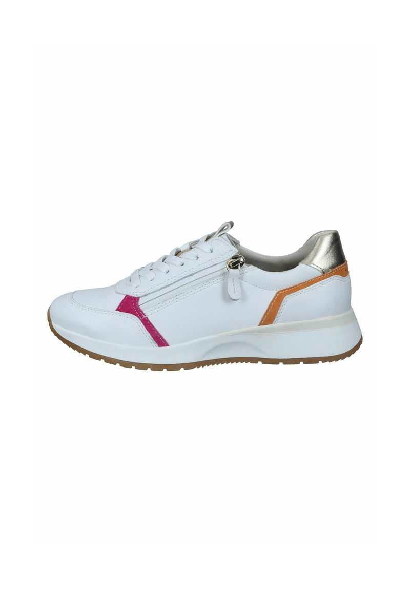 Weiße Sneaker mit glattem Lederfinish, rosa und orangefarbene Akzente, silbernes Fersenstück und einem funktionalen Reißverschluss für einfaches Anziehen.