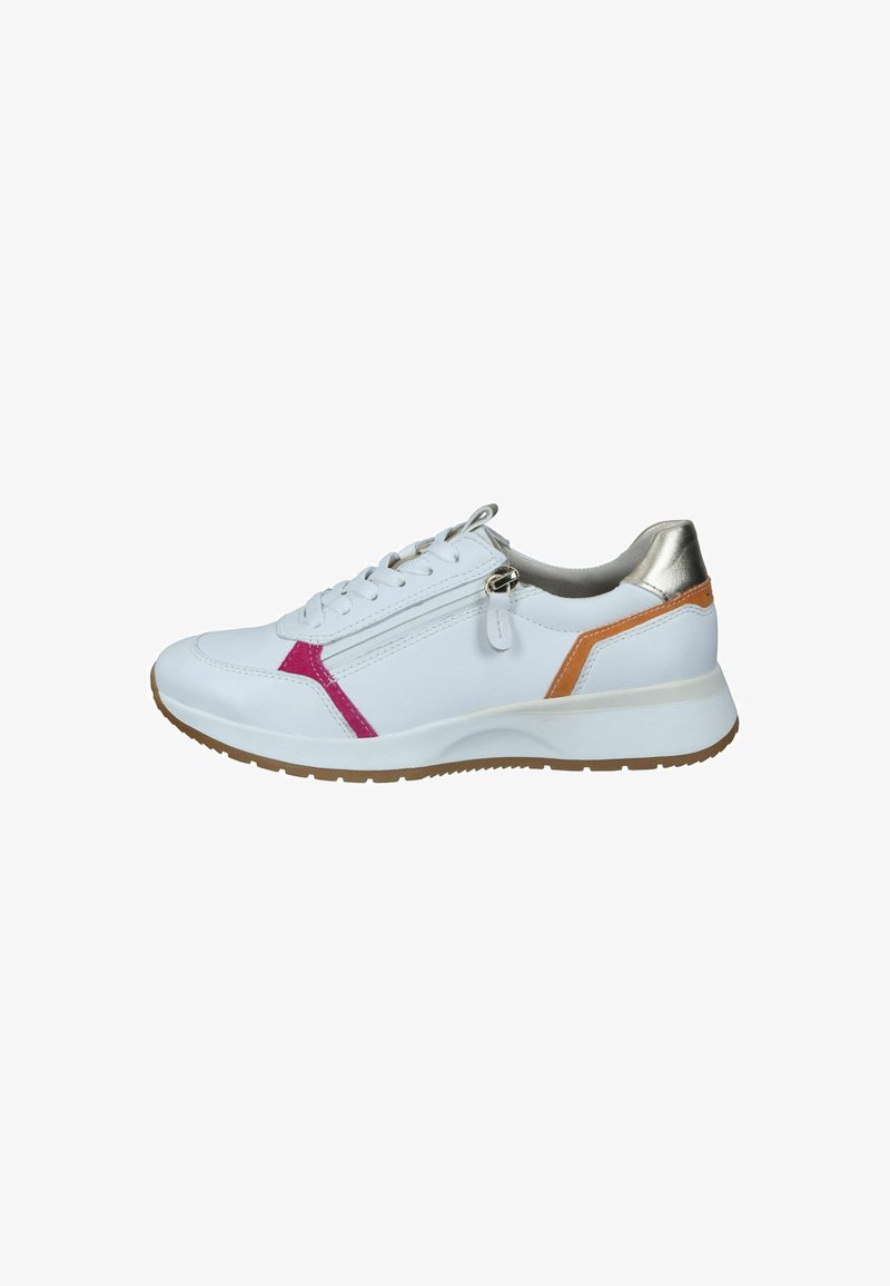 Weiße Sneaker mit glattem Lederfinish, rosa und orangefarbene Akzente, silbernes Fersenstück und einem funktionalen Reißverschluss für einfaches Anziehen.