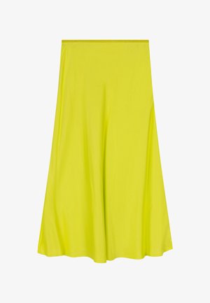 Gele A-lijn rok gemaakt van glad, lichtgewicht stof. Heeft een effen kleur met een vloeiend ontwerp en een eenvoudige tailleband.