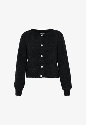 Zwarte cropped cardigan van textuurgebreide stof. Heeft een ronde halslijn en zes parelachtige knopen aan de voorkant. Lange mouwen.