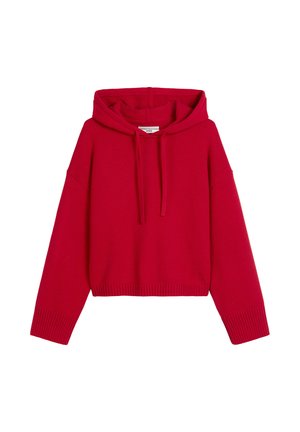 Roter kurz geschnittener Hoodie mit Kordelzug-Kapuze, weiten Ärmeln, geripptem Saum und Bündchen, aus einem weichen Material mit glatter Textur.