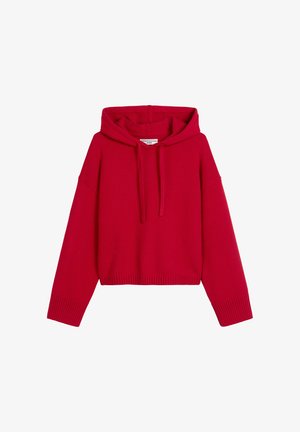 Roter kurz geschnittener Hoodie mit Kordelzug-Kapuze, weiten Ärmeln, geripptem Saum und Bündchen, aus einem weichen Material mit glatter Textur.