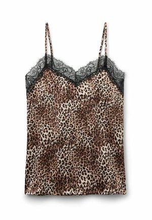 Leopardprint camitop van zachte stof, met zwarte kanten afwerking langs de halslijn en verstelbare spaghettibandjes.