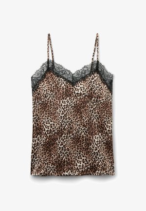 Leopardprint camitop van zachte stof, met zwarte kanten afwerking langs de halslijn en verstelbare spaghettibandjes.