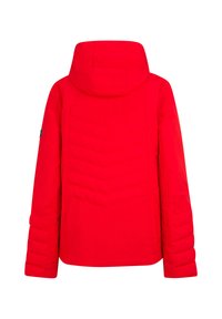 Red puffer jacket with a hood, featuring a chevron quilted design on the back, padded sleeves, and a smooth texture.