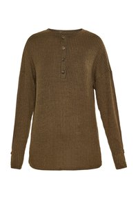 Olivenfarbener gerippter Langarmpullover mit Rundhalsausschnitt und einer Drei-Knopf-Leiste. Mit überschnittenen Schultern und leicht taillierten Bündchen.