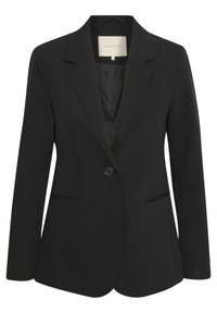Blazer nero realizzato in tessuto morbido, caratterizzato da un solo bottone, rever a punta e due tasche frontali con un design pulito e sartoriale.