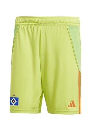 Hellgrüne Sportsshorts mit elastischem Bund, orangefarbenem Adidas-Logo und Streifen am rechten Bein sowie blauem Vereinslogo mit Stern am linken Bein.