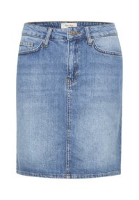 Denimska krilo v svetlo modri barvi s ravnim krojem, z zapiranjem na gumb spredaj, zanke za pas in minimalnimi šivi.