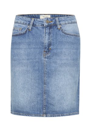 Gonna di jeans di un blu chiaro con taglio dritto, dotata di chiusura frontale con bottoni, passanti per la cintura e dettagli di cucitura minimi.