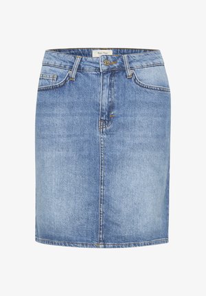 Gonna di jeans di un blu chiaro con taglio dritto, dotata di chiusura frontale con bottoni, passanti per la cintura e dettagli di cucitura minimi.