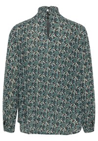 Langærmet bluse med høj smocked-hals, med et blomstermønster i teal, creme og sort. Detalje med nøglehulsåbning på ryggen.