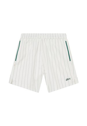 Hvite shorts med tynne vertikale svarte striper, grønne detaljer på lommene, elastisk midjebånd og liten "Bbkoi's" logo nederst på høyre ben.