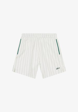 Pantalones cortos blancos con finas rayas verticales negras, detalles verdes en los bolsillos, cinturilla elástica y pequeño logo "Bbkoi's" en la parte inferior derecha de la pierna.