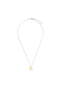 Collana in argento con ciondolo a forma di fiore bicolore, dotato di accenti gialli e bianchi. La catena è regolabile in lunghezza.