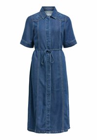 Robe midi en denim bleu avec manches courtes, col à revers, broderie florale sur les épaules et ceinture nouée à la taille.
