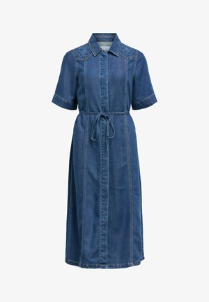 Blue denim midi dress with short sleeves, collared neckline, floral embroidery on shoulders, and a waist tie belt.