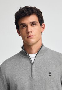 Helles graues Pullover-Sweatshirt mit hohem Kragen und Reißverschluss, mit einem dezenten schwarzen Logo auf der linken Brust. Glatte Textur und taillierter Schnitt.