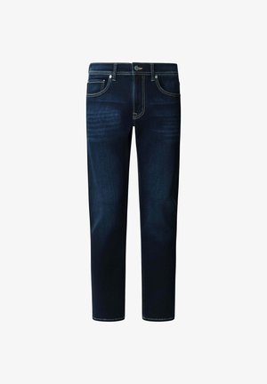 Jeans de denim azul oscuro con corte recto. Tienen cinco bolsillos, costuras amarillas y cremallera. Textura suave con mínimo desgaste.