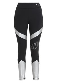 Leggings neri con accenti argentati, caratterizzati da un design geometrico e un logo prominente sulla gamba sinistra, realizzati in un materiale elasticizzato.