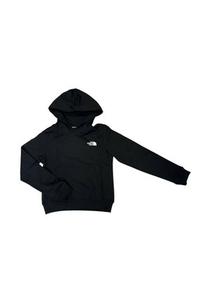 Felpa nera con cappuccio, tasca frontale e logo bianco The North Face sul petto, mostrata con una manica estesa di lato.