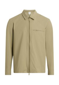 Helle beige Jacke mit einem Frontreißverschluss, langen Ärmeln und einer einzigen Reißverschlusstasche auf der Brust. Hergestellt aus glattem, leichtem Stoff.