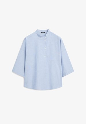 Light blue, loose-fit shirt with three-quarter sleeves and a high collar featuring a four-button placket on a white background.