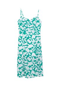 Blumenkleid im Midi-Stil mit verstellbaren Spaghettiträgern. Hat einen blauen Hintergrund mit weißen Blumenmustern. Leichte Stoffqualität, lockere Passform.