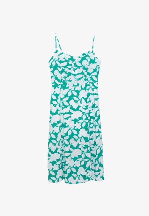 Blumenkleid im Midi-Stil mit verstellbaren Spaghettiträgern. Hat einen blauen Hintergrund mit weißen Blumenmustern. Leichte Stoffqualität, lockere Passform.